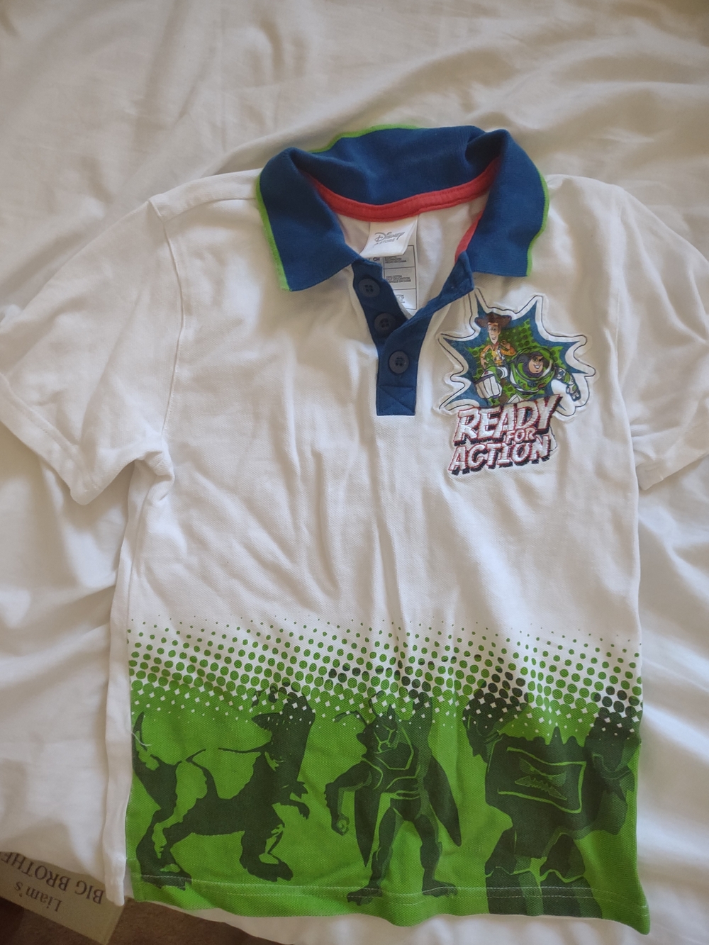Disney Toy Story 'Ready for Action' White & Green Boys Polo Shirt Size 5/6 Kids